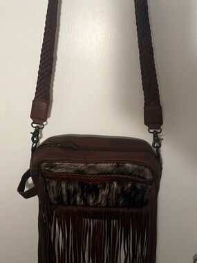 Brown Leather Fringe Crossbody Bag with Braided Strap